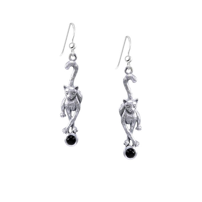 Protective Cat Sterling Silver with Obsidian dangle Earrings