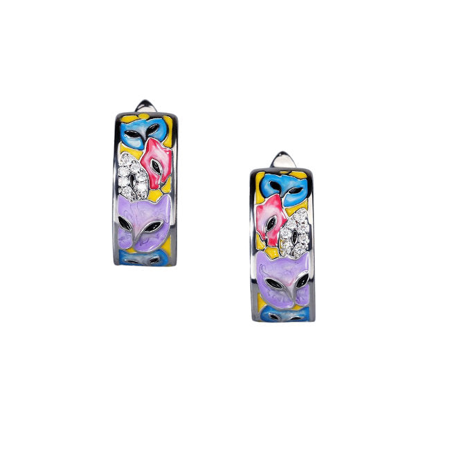 Cat Faces Sterling Silver huggie Earrings with Enamels