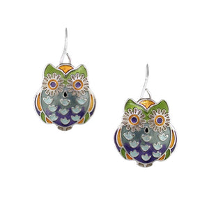 Owl Wide Eyed Sterling Silver plated dangle Earrings with Enamels