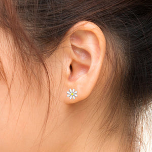 Bee & Flower Sterling Silver Asymmetrical stud Earrings with Enamels & CZ modelling the Flower