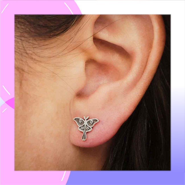 Luna Moth stud Earrings in Sterling Silver modelled