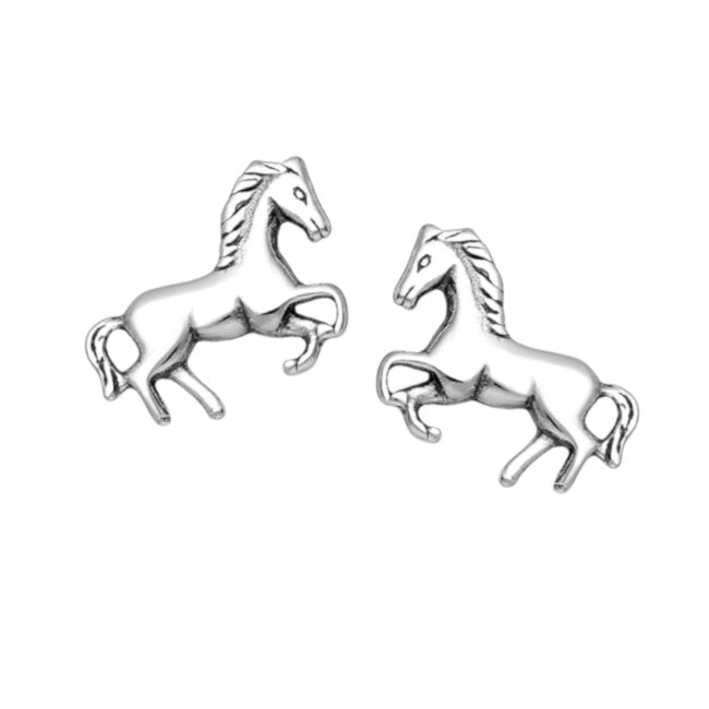 A pair of sterling silver stud earrings shaped like rearing horses, shown on a plain white background.