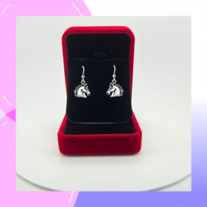 Horse Head Sterling Silver hook Earrings presented in a red gift box