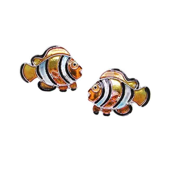 A pair of clownfish stud earrings with orange, black, and white enamel detailing, shown on a plain white background.