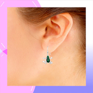 Frog Sterling Silver & Green Enamels dangle Earrings modelled