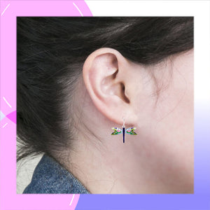 Dragonfly Sterling Silver plated dangle Earrings with Enamels modelled