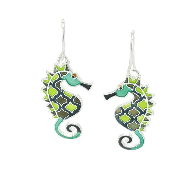 Seahorse Sterling Silver plated dangle Earrings with Enamels