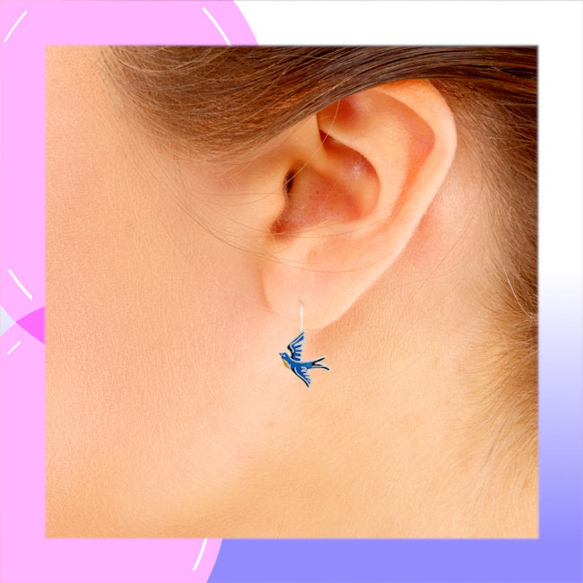 Bluebird Sterling Silver plated hook Earrings with Enamels modelled