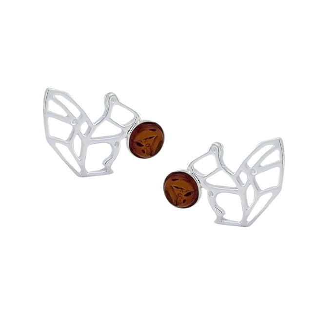Squirrel Origami Baltic Amber Sterling Silver stud Earrings