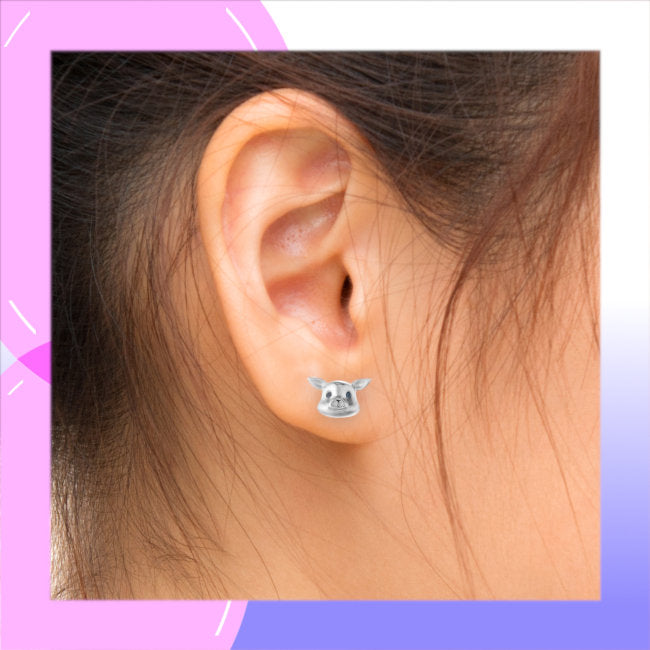 Pig Sterling Silver push-back Earrings modelled