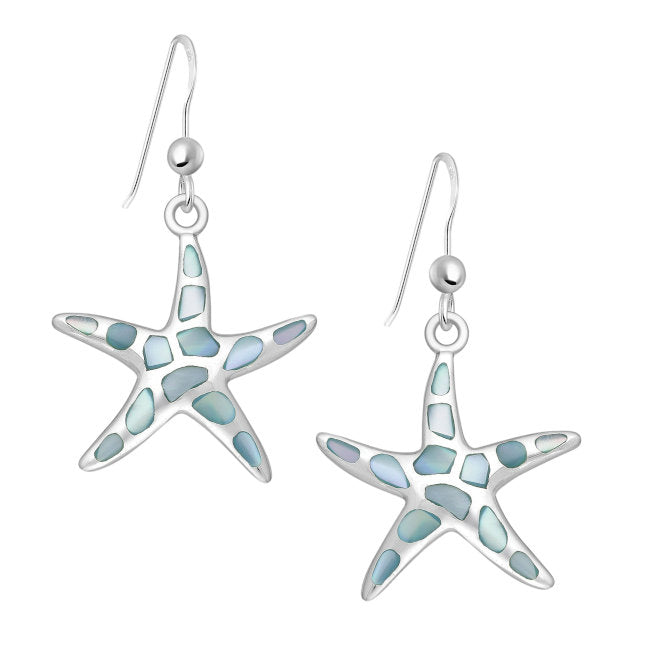 Starfish Sterling Silver hook Earrings with Blue Mother of Pearl