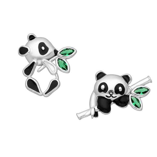 Panda Asymmetrical Sterling Silver stud Earrings with Enamels & Cubic Zirconia