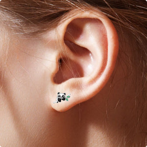 Panda Asymmetrical Sterling Silver stud Earrings with Enamels & Cubic Zirconia modelled on the left side