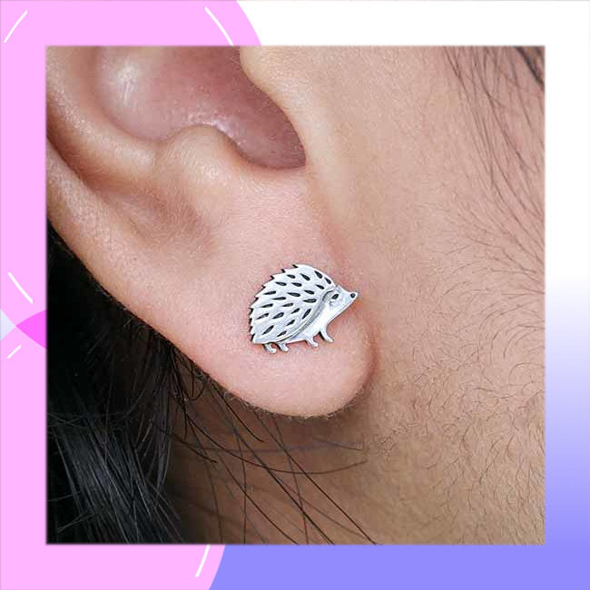 Hedgehog Sterling Silver stud Earrings modelled