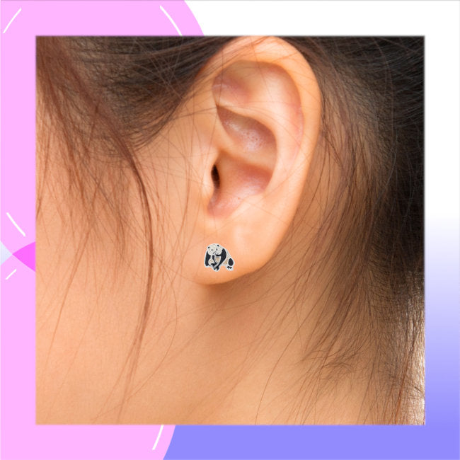 Panda Bear Sterling Silver plated stud Earrings with hand-painted Enamels modelling Left side