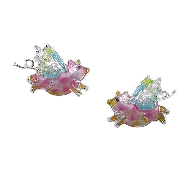 Pigs Flying Sterling Silver plated stud Earrings with hand-painted Enamels