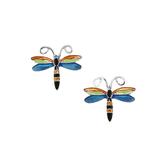 Jungle Dragonfly Sterling Silver plated Earrings with hand-painted Enamels