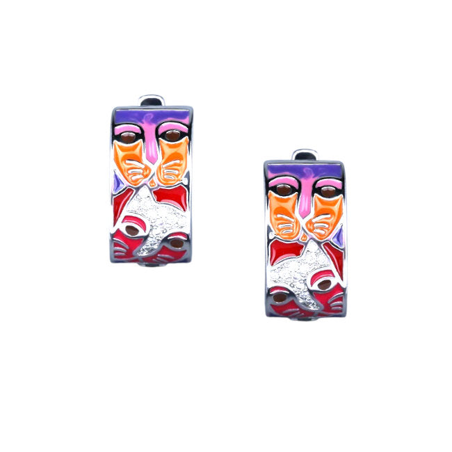 Cat Pair Faces Sterling Silver with Enamels and Cubic Zirconia huggie Earrings