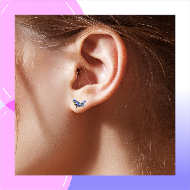 Bluebird Sterling Silver plated stud Earrings with hand-painted Enamels modelled