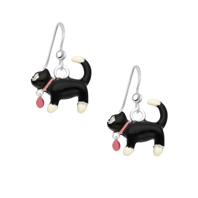 Black & White Cat Sterling Silver hook Earrings with Enamels