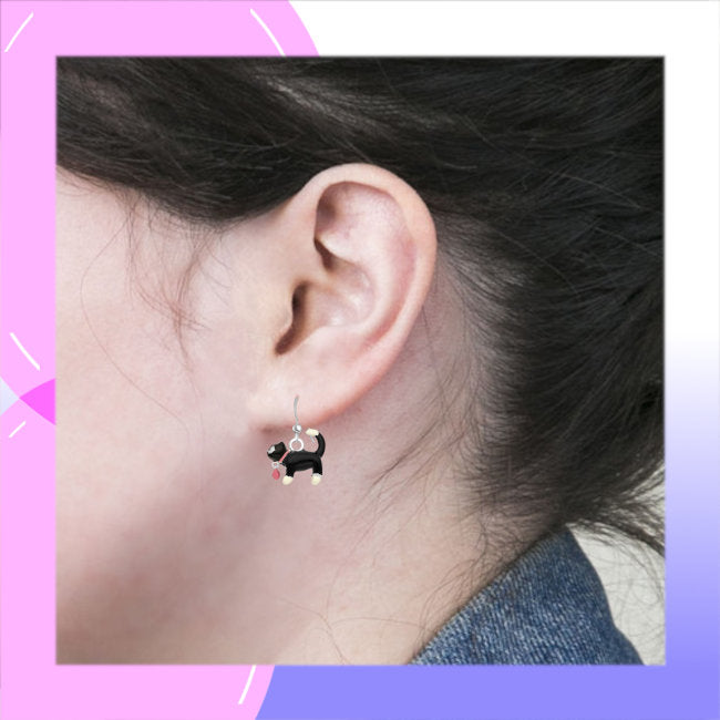 Black Cat Sterling Silver hook Earrings with Enamels modelled