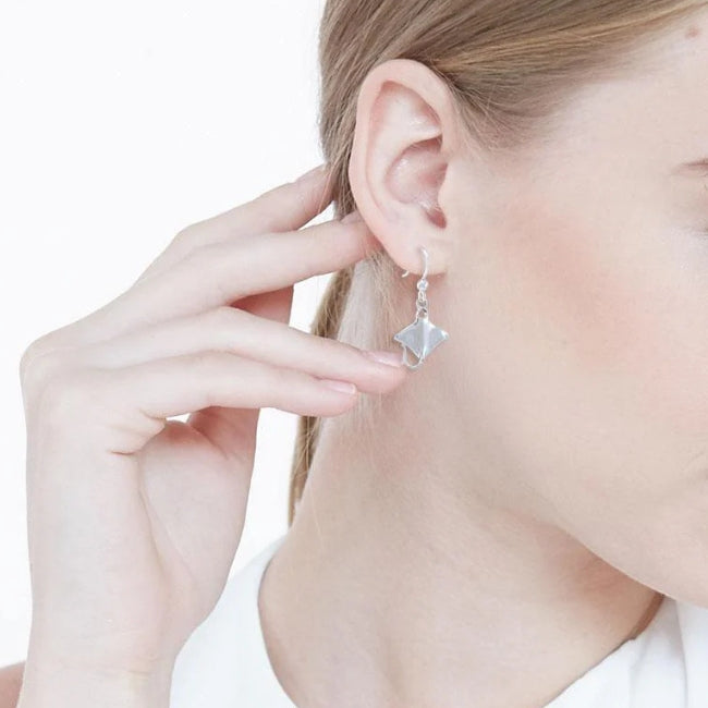 Manta Ray Sterling Silver hook Earrings modelled