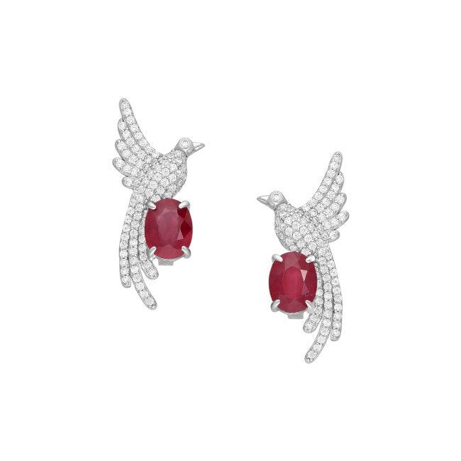 Bird of Paradise Sterling Silver and Ruby & Cubic Zirconia Omega Lock Earrings