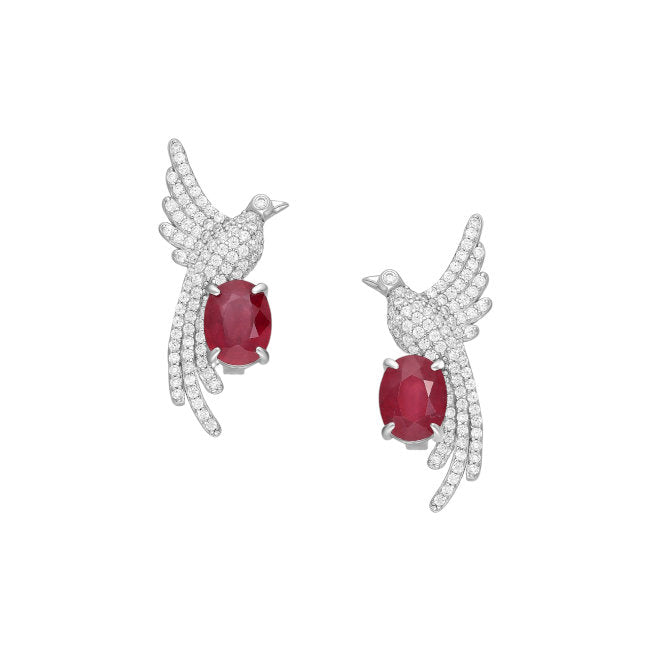 Bird of Paradise Sterling Silver Omega Lock earrings with Ruby & Cubic Zirconia