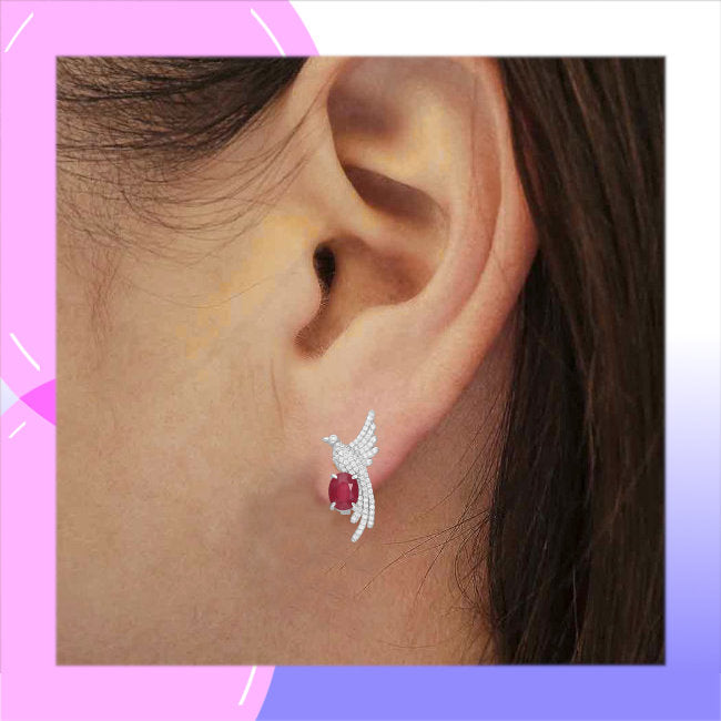 Bird of Paradise Sterling Silver Omega Lock earrings with Ruby & Cubic Zirconia modelled