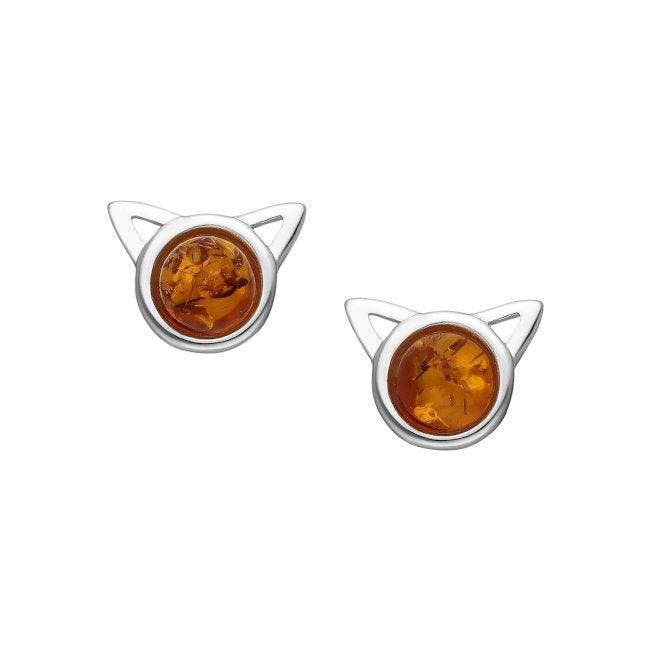 Cat Face Sterling Silver stud Earrings with Baltic Amber