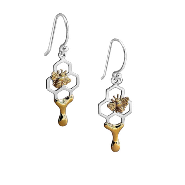 Bee & Honeycomb Sterling Silver & Bronze dangle Earrings