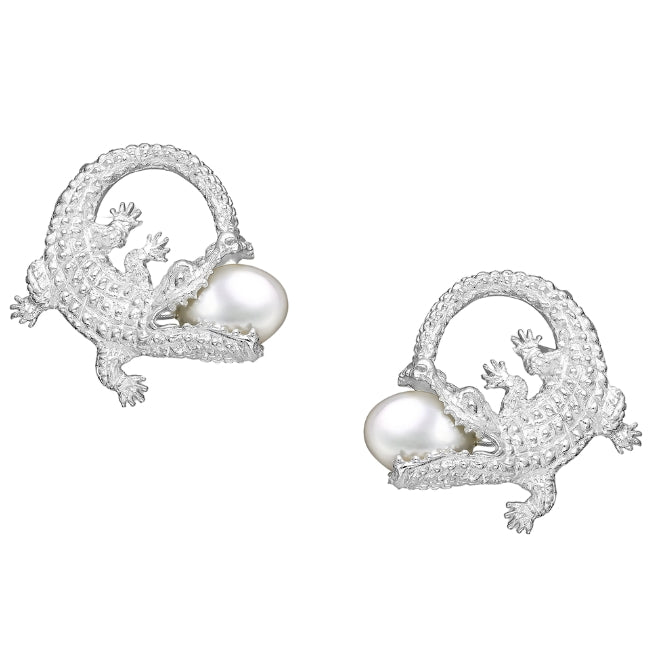 Crocodile Sterling Silver Earrings with Freshwater Pearls