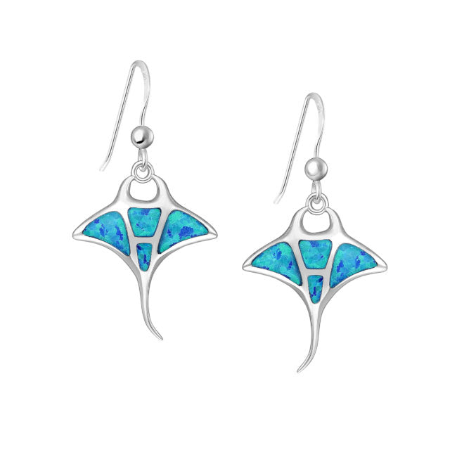Manta Ray Sterling Silver and lab-created Opal dangle Earrings