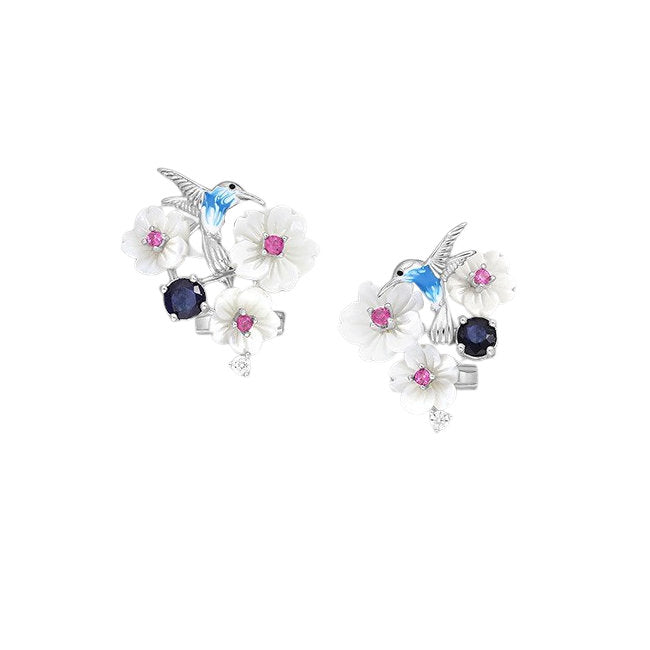 Hummingbird & Flower Sterling Silver Omega Lock Earrings with Blue Sapphire, Shell, Enamels & CZ
