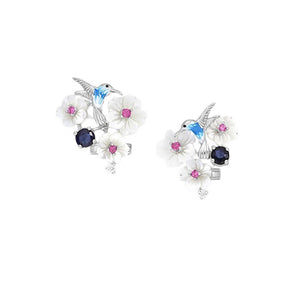 Hummingbird & Flower Sterling Silver Omega Lock Earrings with Blue Sapphire, Shell, Enamels & CZ