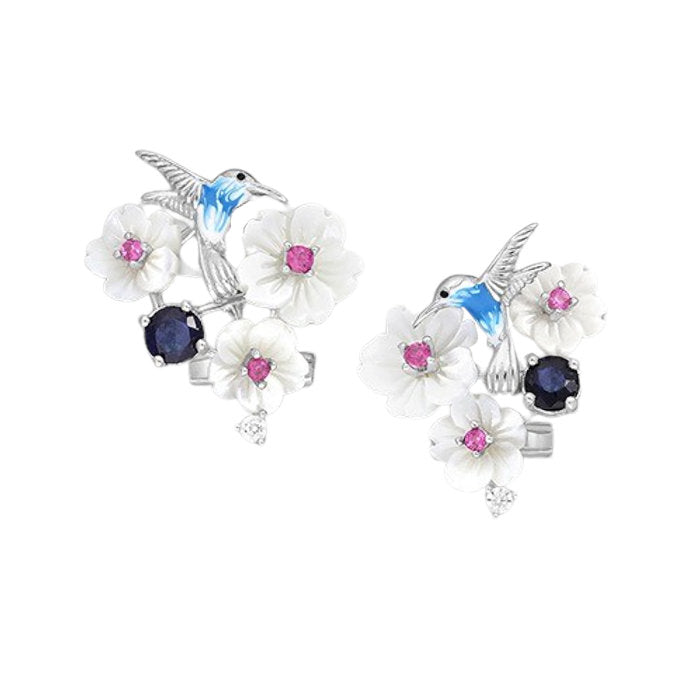 Hummingbird & Flower Sterling Silver and Blue Sapphire Omega Lock Earrings