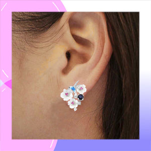 Hummingbird & Flower Sterling Silver Omega Lock Earrings with Blue Sapphire, Shell, Enamels & CZ modelled