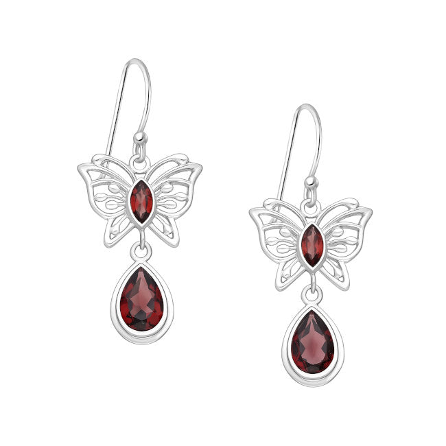Butterfly Sterling Silver dangle Earrings with Garnet