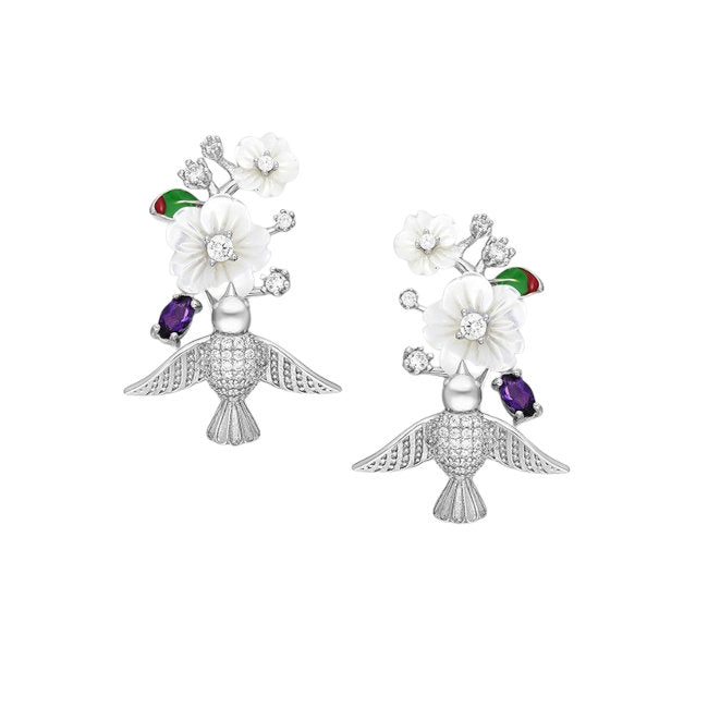 Bird & Flower Sterling Silver Omega Lock Earrings with Amethyst, Shell, Enamels & CZ