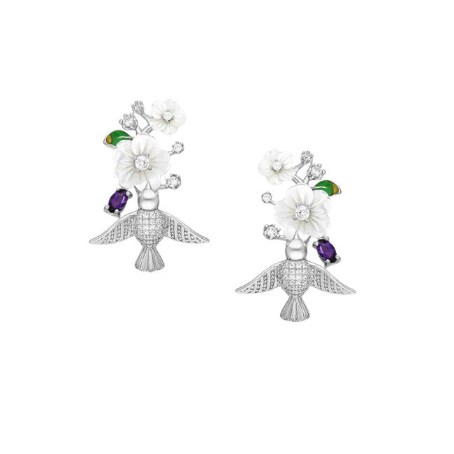 Bird & Flower Sterling Silver and Amethyst Omega Lock Earrings