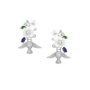 Bird & Flower Sterling Silver and Amethyst Omega Lock Earrings