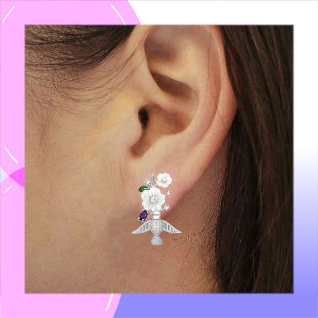 Bird & Flower Sterling Silver Omega Lock Earrings with Amethyst, Shell, Enamels & CZ modelled