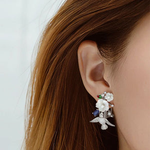 Bird & Flower Sterling Silver and Amethyst Shell Enamels CZ Omega Lock Earrings modelled
