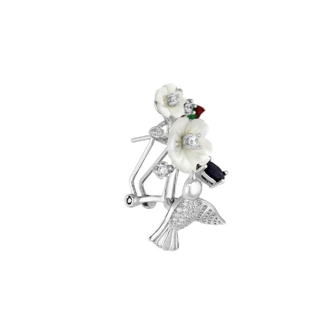 Bird & Flower Sterling Silver and Amethyst Shell Enamels CZ Omega Lock Earrings side view