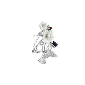 Bird & Flower Sterling Silver and Amethyst Shell Enamels CZ Omega Lock Earrings side view