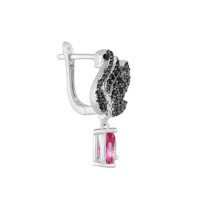Black Swan Sterling Silver Omega Lock Earrings with Mystic Pink Topaz, Black Spinel & CZ side view