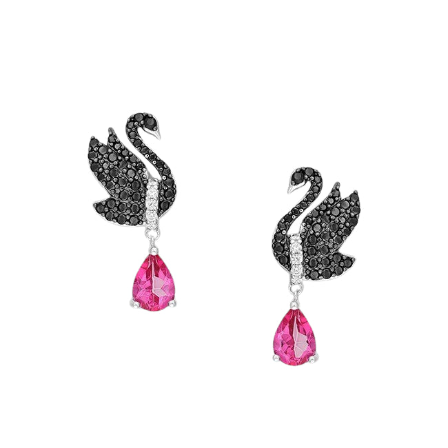 Black Swan Sterling Silver and Mystic Pink Topaz Black Spinel CZ Omega Lock Earrings