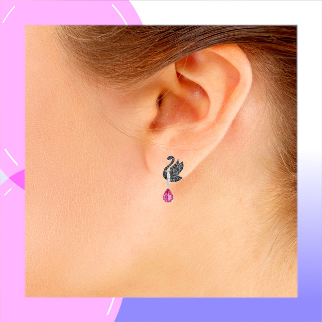Black Swan Sterling Silver Omega Lock Earrings with Mystic Pink Topaz, Black Spinel & CZ modelled