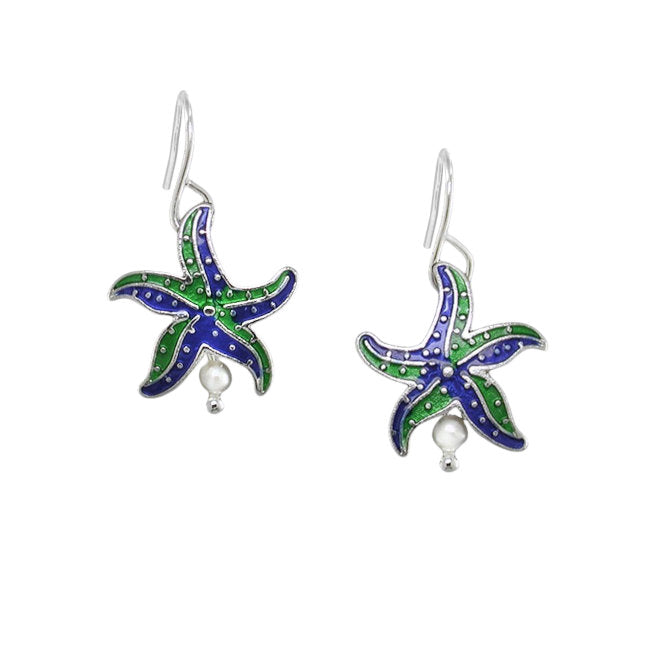 Starfish Sterling Silver plated Earrings with Enamels & Freshwater Pearl
