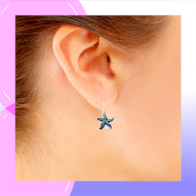 Starfish Sterling Silver plated Earrings with Enamels & Freshwater Pearl modelled